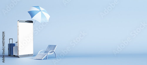 Summer holiday and tourism concept with blank white smartphone screen for text or logo and suitcases with deckchair on light blue background with place for advertising poster. 3D rendering, mockup