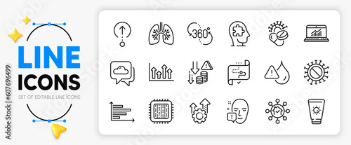 Upper arrows, Waterproof and Face attention line icons set for app include Sunscreen, Horizontal chart, Cpu processor outline thin icon. Weather forecast, Coronavirus pills. Vector