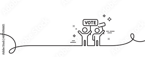 Voting campaign line icon. Continuous one line with curl. People rally with signs. Public election symbol. Voting campaign single outline ribbon. Loop curve pattern. Vector