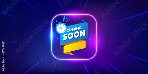 Coming soon paper banner. Neon light frame offer banner. Timer announcement tag. New open time icon. Coming soon promo event flyer, poster. Sunburst neon coupon. Flash special deal. Vector