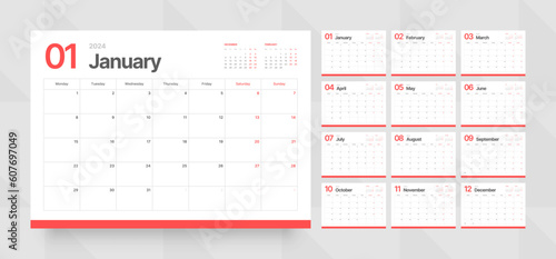 Monthly calendar template for 2024 year. Wall calendar grid in a minimalist style. Week Starts on Monday. Planner for 2024 year.