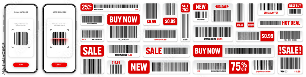 Product barcodes. Smartphone application, scanner app. Sale stickers, discount label or promotional badge. Serial number, product ID. Store, supermarket scan labels, price tag. Vector illustration Product barcodes. Smartphone application, scanner app. Sale stickers, discount label or promotional badge. Serial number, product ID. Store, supermarket scan labels, price tag. Vector illustration