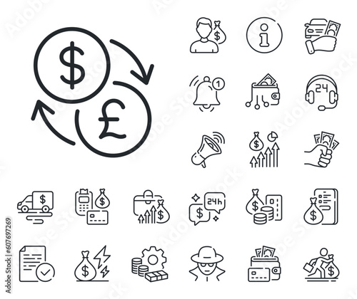 Dollar to Pound money sign. Cash money, loan and mortgage outline icons. Currency exchange line icon. Convert currency symbol. Currency exchange line sign. Credit card, crypto wallet icon. Vector