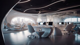 a modern office with several desks and white lamps, in the style of cityscape, shaped canvas, futuristic settings, dark white, cinestill 50d, rounded, contemporary