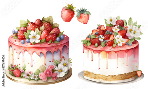 Watercolor strawberry cake cupcake dessert. Cake, cupcake, cream fruit dessert, strawberry pie. AI Generated