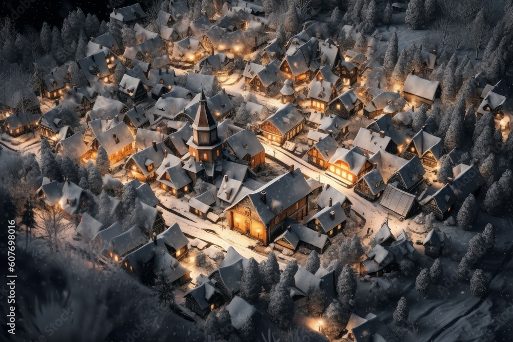 Snowy russian village light holiday. Generate AI Snowy russian village light holiday. Generate AI