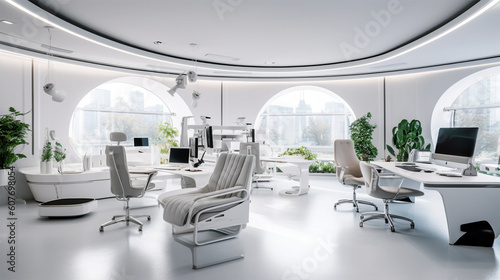 office workspace with glass walls and white furniture, in the style of dark gray, cityscape, commission for, solarization, spatiality , shallow depth of field to emphasize the subject © Miracle