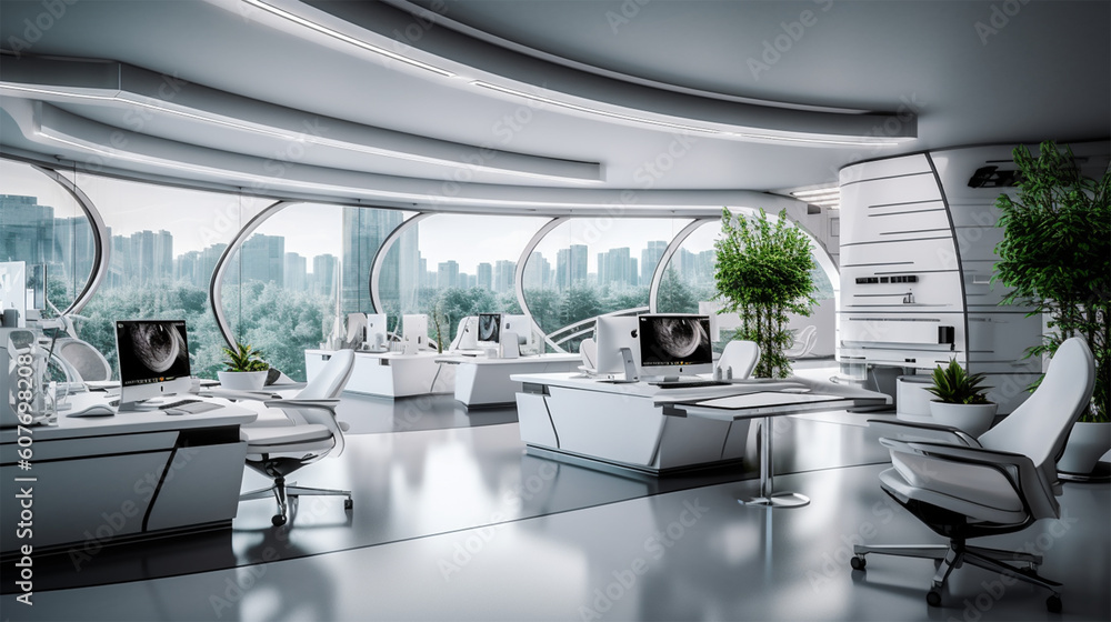 office workspace with glass walls and white furniture, in the style of dark gray, cityscape, commission for, solarization, spatiality , shallow depth of field to emphasize the subject office workspace with glass walls and white furniture, in the style of dark gray, cityscape, commission for, solarization, spatiality , shallow depth of field to emphasize the subject