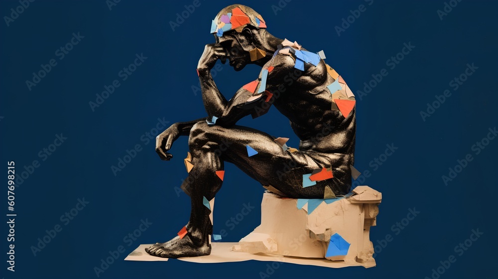 Fototapeta premium The Thinker sculpture, embodying the concept of philosophy. The representation inspires contemplation and intellectual exploration, signifying profound thought and introspection. Generative AI