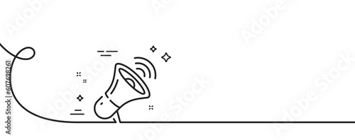 Megaphone line icon. Continuous one line with curl. Offer loudspeaker sign. Sale promotion symbol. Megaphone single outline ribbon. Loop curve pattern. Vector