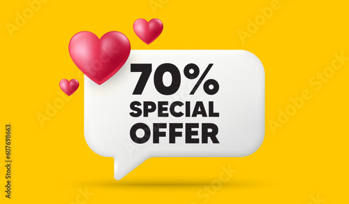 70 percent discount offer tag. 3d speech bubble banner with hearts. Sale price promo sign. Special offer symbol. Discount chat speech message. 3d offer talk box. Vector
