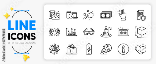 Touchscreen gesture, Falling star and Accounting report line icons set for app include Data security, Ranking, Leadership outline thin icon. Empower, Package size, Versatile pictogram icon. Vector