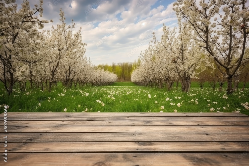 Wooden table blooming nature. Generate Ai Wooden table blooming nature. Generate Ai