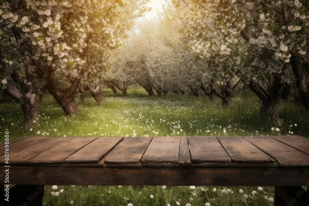 Fototapeta premium Wooden table blooming blurred. Generate Ai