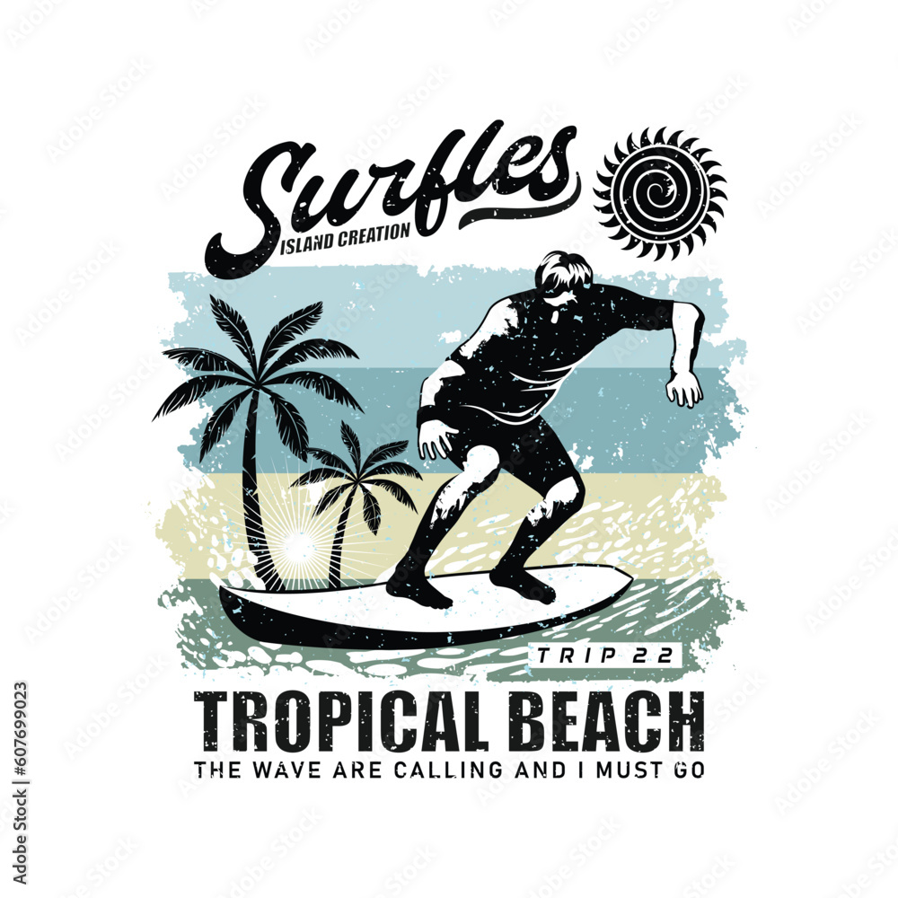 Fototapeta premium Summer Surfing Tshirt Design. Surfing Vintage Illustration Design