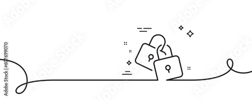 Lock line icon. Continuous one line with curl. Wedding padlock sign. Security access symbol. Locks single outline ribbon. Loop curve pattern. Vector