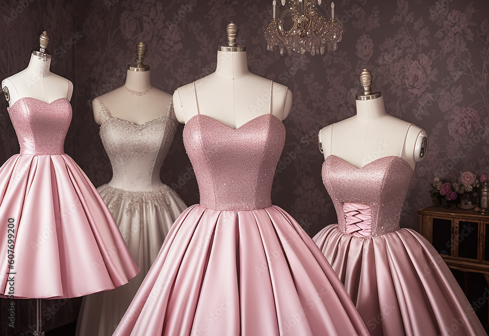 Pink dress with a train and a full skirt on a sewing mannequin in the sewing studio. Generative AI
Pink dress with a train and a full skirt on a sewing mannequin in the sewing studio. Generative AI