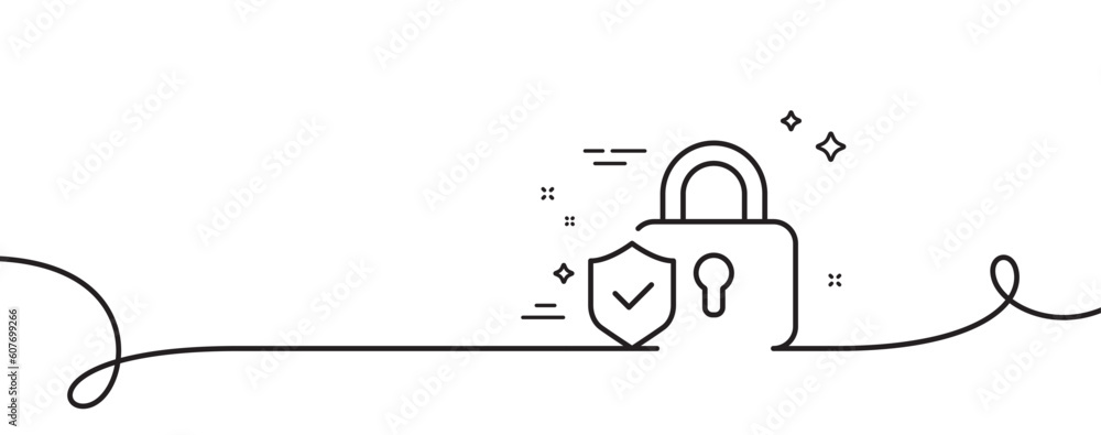 Security lock line icon. Continuous one line with curl. Cyber defence shield sign. Private protection symbol. Security lock single outline ribbon. Loop curve pattern. Vector Security lock line icon. Continuous one line with curl. Cyber defence shield sign. Private protection symbol. Security lock single outline ribbon. Loop curve pattern. Vector
