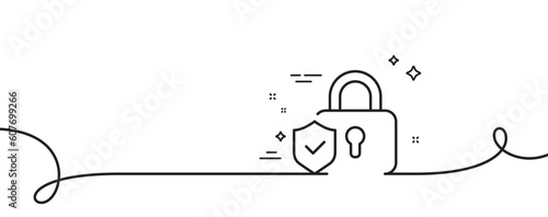Security lock line icon. Continuous one line with curl. Cyber defence shield sign. Private protection symbol. Security lock single outline ribbon. Loop curve pattern. Vector
