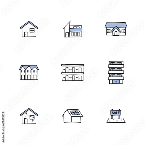 手描きアイコンセット｜建物（家・アパート・マンション）の外観