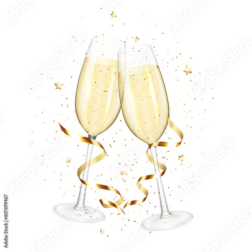 Set of Transparent realistic wine glasses of champagne, isolated on white background.
