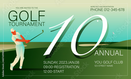 Golfclub competition poster. Template for golf competition or championship event. Blue sky and green golf field.
