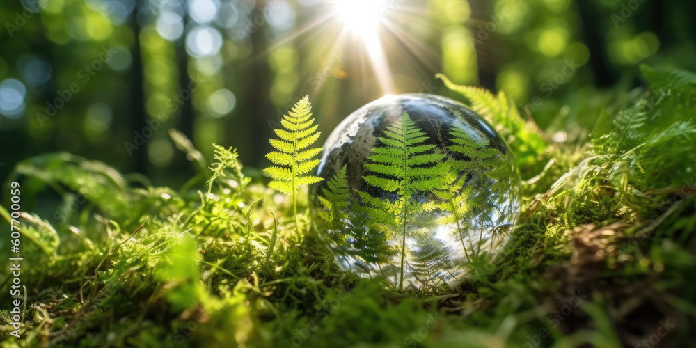 Crystal sphere symbolising the planet earth on a green forest bed. Concept of environment and sustainability. Generative AI Crystal sphere symbolising the planet earth on a green forest bed. Concept of environment and sustainability. Generative AI
