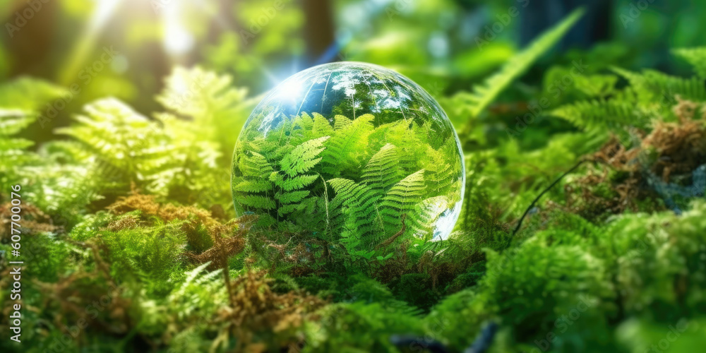 Crystal sphere symbolising the planet earth on a green forest bed. Concept of environment and sustainability. Generative AI Crystal sphere symbolising the planet earth on a green forest bed. Concept of environment and sustainability. Generative AI