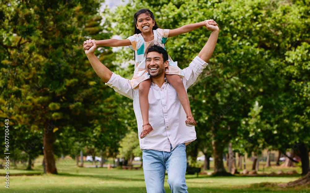 Indian dad, daughter and shoulders in park with smile, airplane game or piggyback in nature on holiday. Man, girl and playing together in garden, woods and summer sunshine for happy family vacation