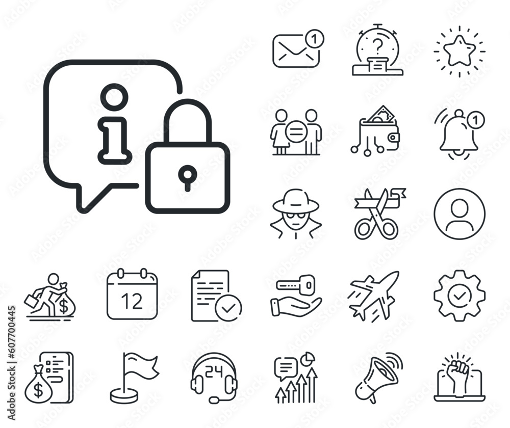 Protected information sign. Salaryman, gender equality and alert bell outline icons. Lock line icon. Padlock with info speech bubble. Lock line sign. Spy or profile placeholder icon. Vector Protected information sign. Salaryman, gender equality and alert bell outline icons. Lock line icon. Padlock with info speech bubble. Lock line sign. Spy or profile placeholder icon. Vector