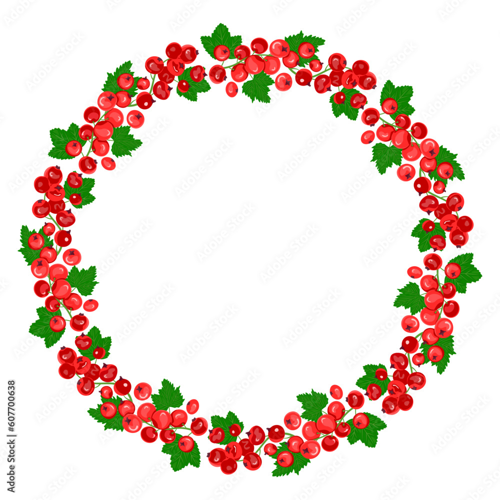 Round frame of red currant berries with green leaves. The concept of healthy eating. Ripe berries. Fruit picking. Vector illustration in a flat style.