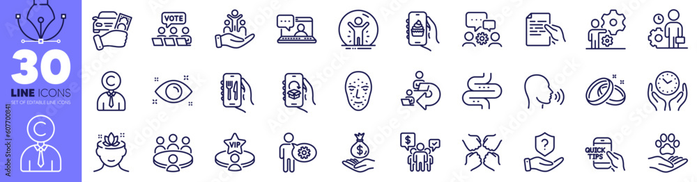 Health eye, Copyrighter and Wedding rings line icons pack. Intestine, Job, Food app web icon. Education, Meeting, Online voting pictogram. Income money, Restaurant app, Yoga mind. Vector Health eye, Copyrighter and Wedding rings line icons pack. Intestine, Job, Food app web icon. Education, Meeting, Online voting pictogram. Income money, Restaurant app, Yoga mind. Vector