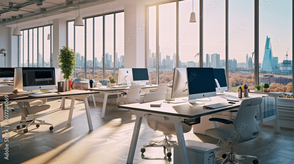 large open area with large windows and lots of work desks, in the style of white, photorealistic representation, new york city subject matter, vray, aluminum large open area with large windows and lots of work desks, in the style of white, photorealistic representation, new york city subject matter, vray, aluminum