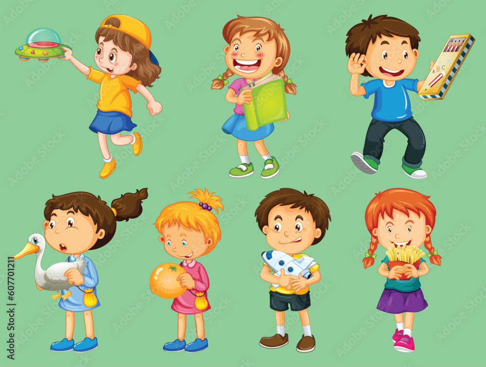 Set of different kid playing with their toys cartoon character isolated by the greatest graphics Set of different kid playing with their toys cartoon character isolated by the greatest graphics