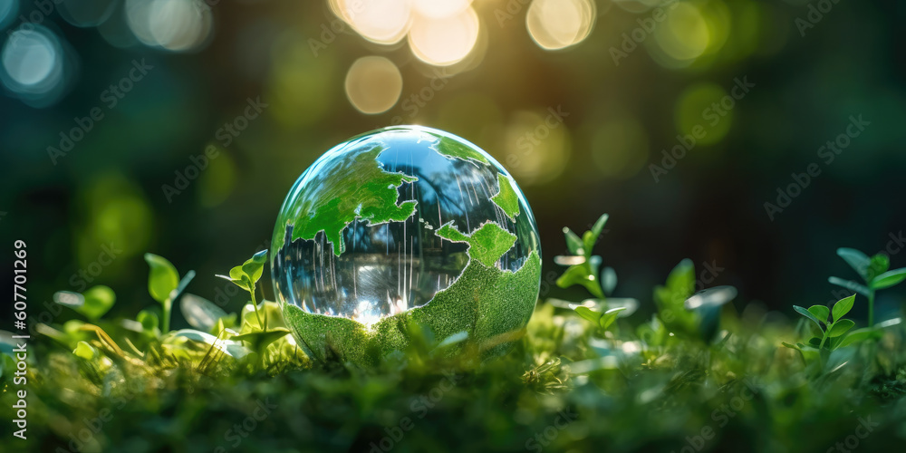 Crystal sphere symbolising the planet earth on a green forest bed. Concept of environment and sustainability. Generative AI Crystal sphere symbolising the planet earth on a green forest bed. Concept of environment and sustainability. Generative AI