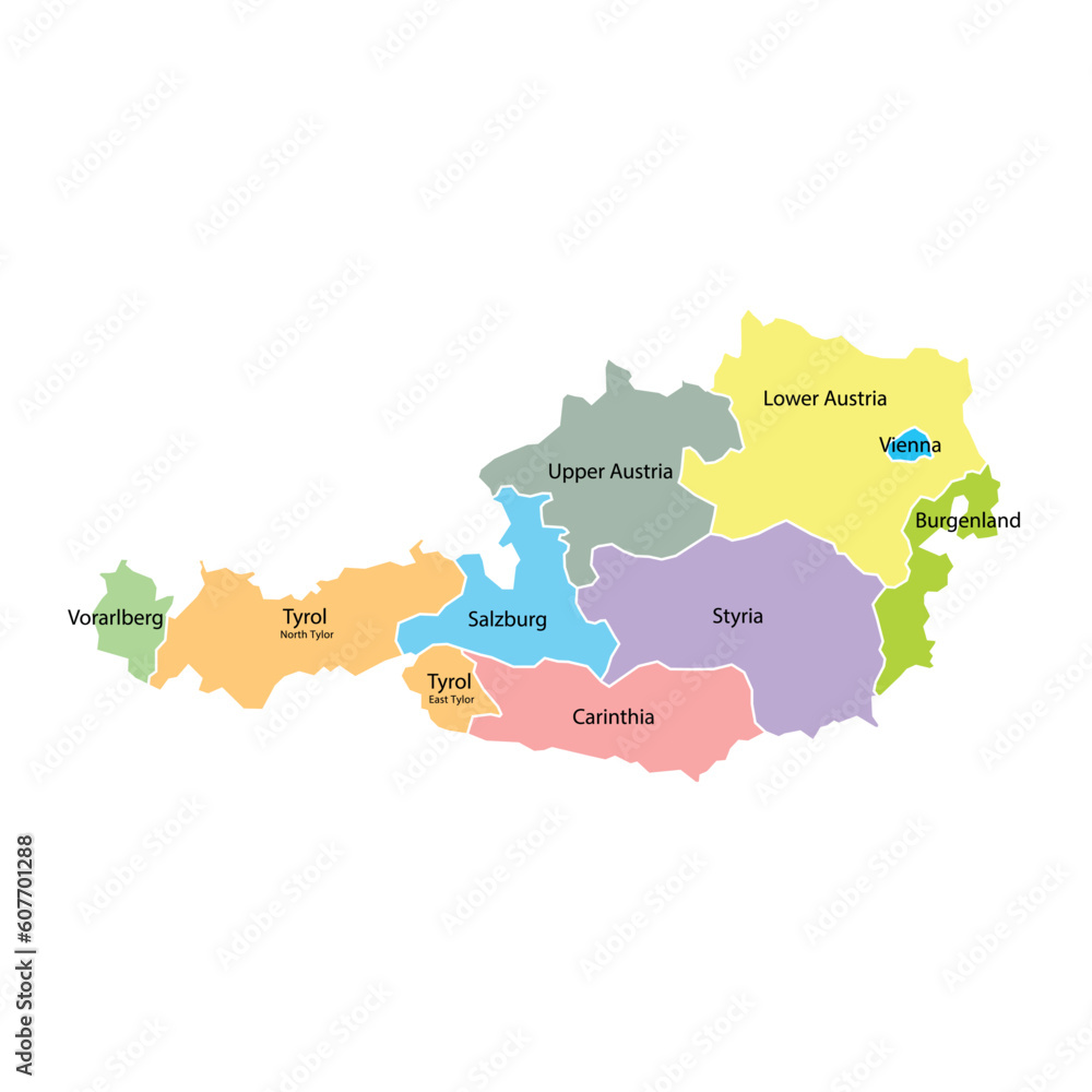 austria map background with regions, region names and cities in color. austria map isolated on white background. Vector illustration