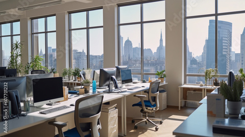 modern office desk w white desks at the floor, in the style of cityscapes, windows vista, photo-realistic landscapes, cornelis springer, richard meier, high definition, metallic rotation , shall © Miracle