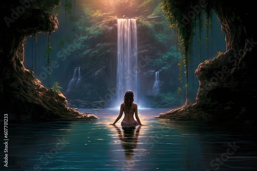 Waterfall bathed in the soft glow of moonlight silhouette of a bathing woman. Generative AI