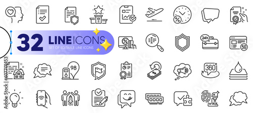 Outline set of Puzzle, Certificate and Loan percent line icons for web with Rfp, Approved checklist, Text message thin icon. Online shopping, Data security, Lease contract pictogram icon. Vector
