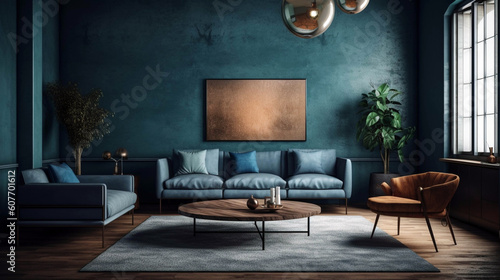 Blue wall living room. Living room interior design, empty blue wall with free space. AI Generative