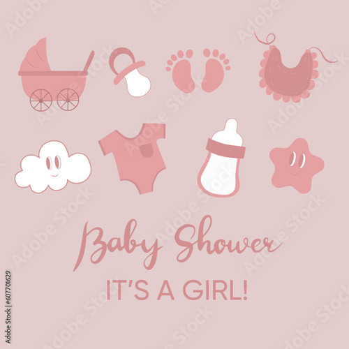 Baby shower design elements. Baby shower concept. It's a girl!