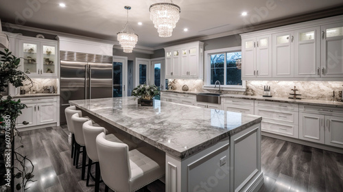 Interior of modern kitchen in penthouse. Luxury modern with Marble kitchen island. AI Generative