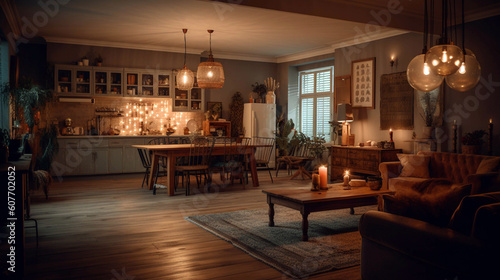 cozy warm home interior of a chic country house with an open plan. AI Generative