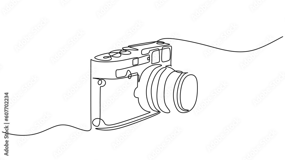 Obraz premium Old camera one line drawing. Vector editable stroke, hand drawn continuous sketch minimalist and simple desgin.