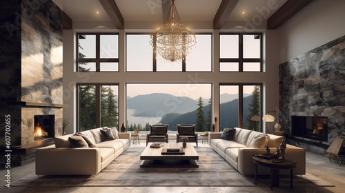 Fotografija Beautiful living room in traditional luxury home with carpet on hardwood floor