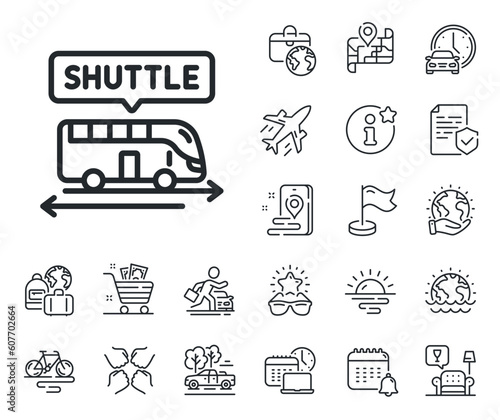 Airport transport sign. Plane jet, travel map and baggage claim outline icons. Shuttle bus line icon. Transfer service symbol. Shuttle bus line sign. Car rental, taxi transport icon. Vector
