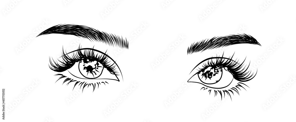 Eye Extension Illustration for Salon Social Media: Logo, Icon, New Trendy Wet Look Lashes, Natural Full Eyebrows. Perfect for Social Media Marketing and Branding