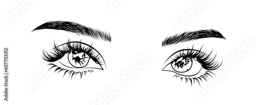 Eye Extension Illustration for Salon Social Media: Logo, Icon, New Trendy Wet Look Lashes, Natural Full Eyebrows. Perfect for Social Media Marketing and Branding
