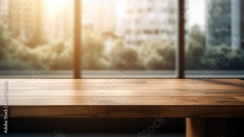 Empty wood table top and blur glass window wall building banner mock up. AI Generative