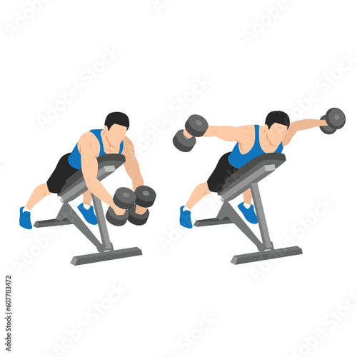 Man doing Dumbbell bent over chest supported reverse flyes. Flat vector illustration isolated on white background